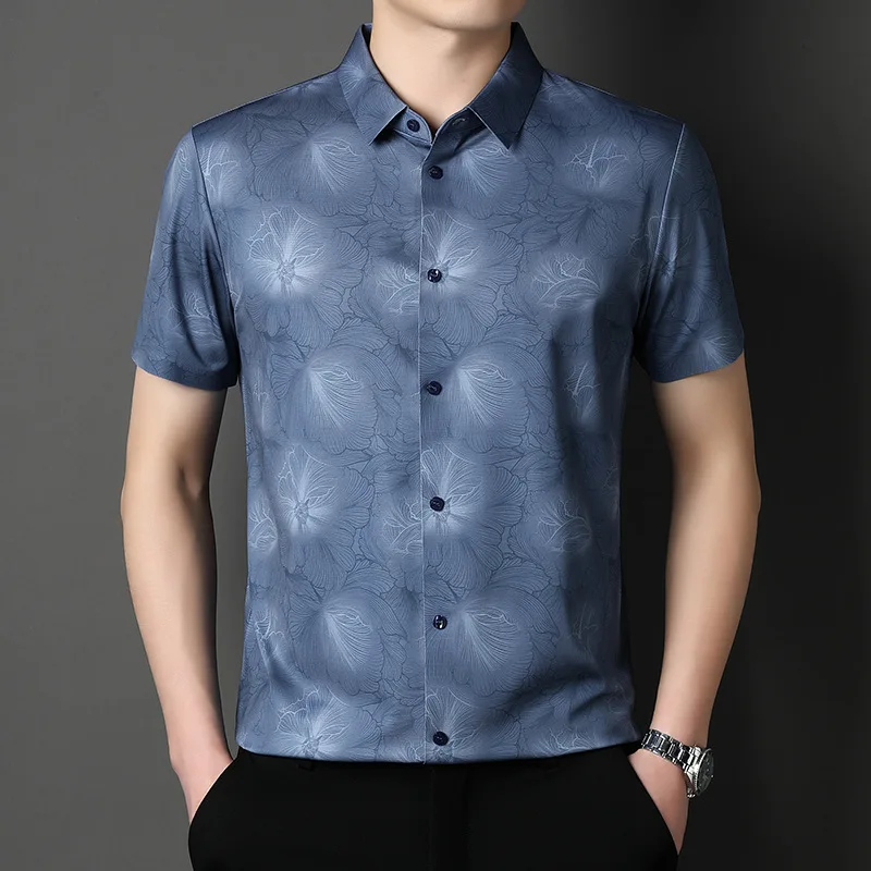 Men Summer Ice Silk Short Sleeve Shirt Business Casual Loose Tops Lightweight Breathable Beach Vacation Korean Popular Clothes