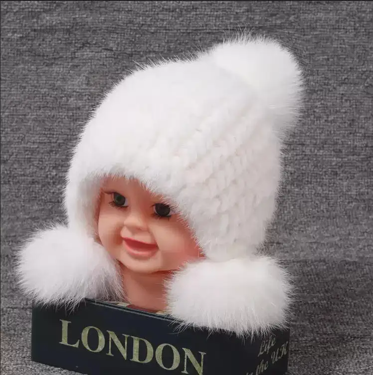 New Girls Boys Winter Genuine Mink Fur Knitted Hats with Natural Fox Fur Pompom Warm Elastic High Quality Kids Outdoor Beanies C