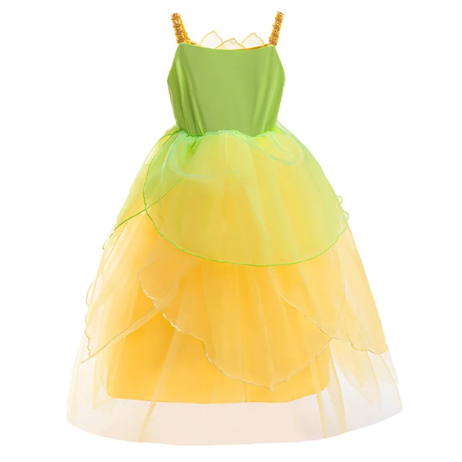 Disney Girls Fairy Tale Tiana Princess and Frog Yellow-Green Cosplay Costume Elegant  Party  Dress Dress Christmas Ball Gown