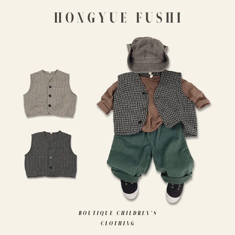 سترة منقوشة واحدة الصدر ربيع الخريف الكورية الجديدة L؛ Oose عارضة جديدة مريحة Grils الفتيان الأطفال