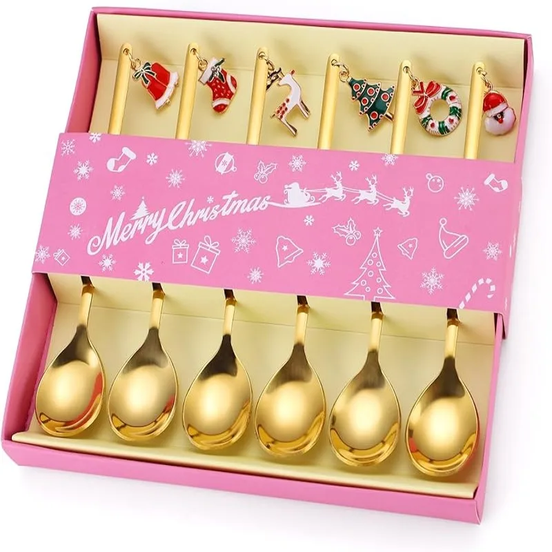 6 Pieces, Dessert Spoons and Forks Silverware Christmas Silver Small Stainless Steel Flatware  Xmas Decorative Pendants Stirring