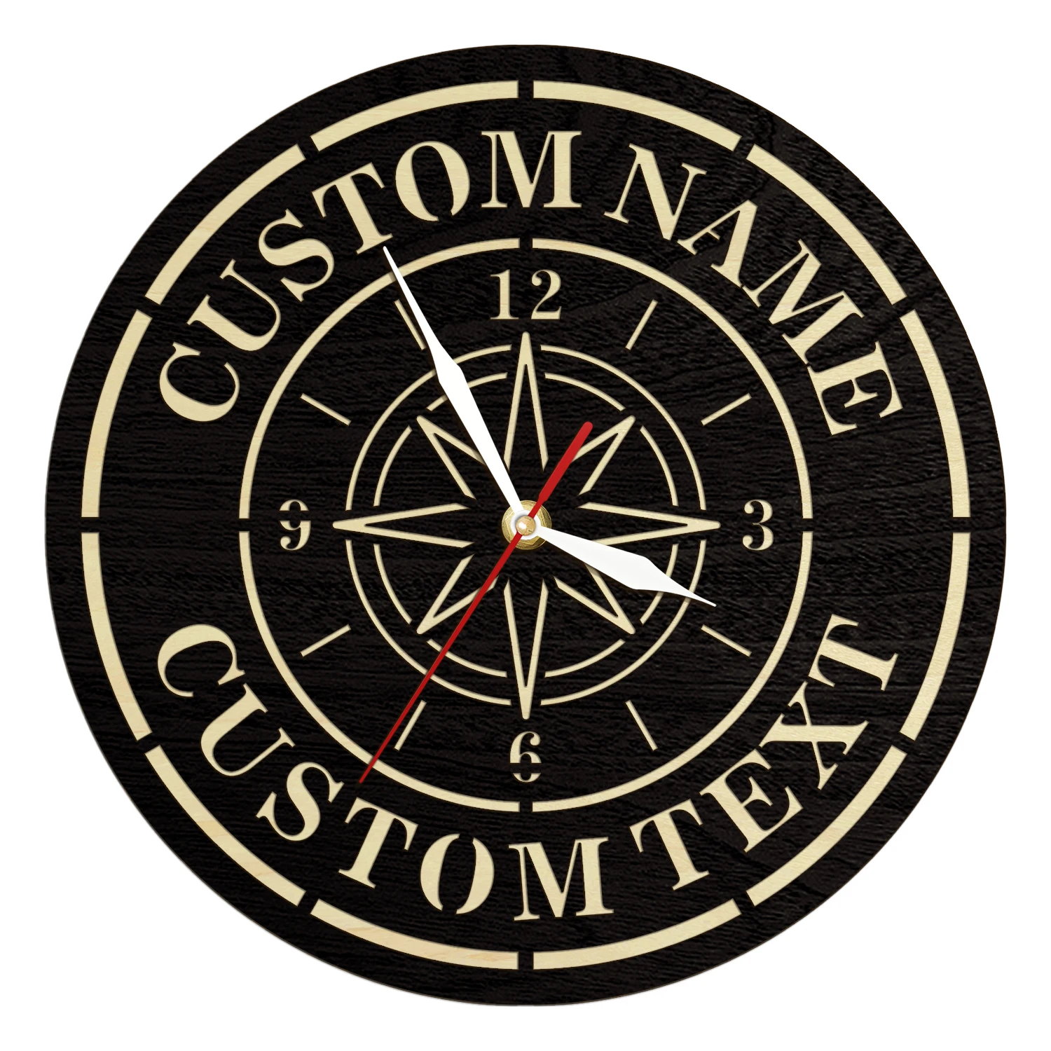 Personalized Compass Rose Wooden Wall Clock Custom Nautical Living Hinge Wood Clock with Name & Date Rustic Coastal Home Decor