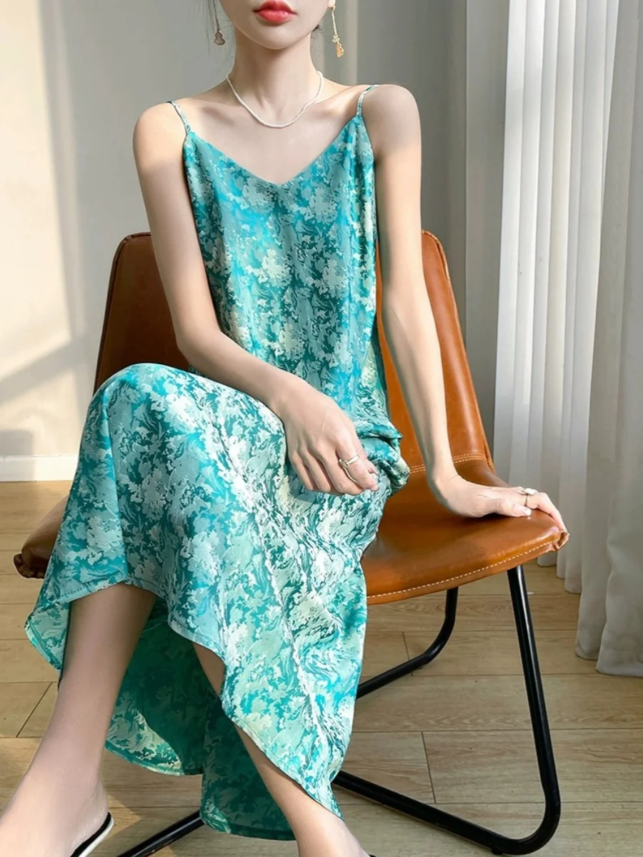 Jupe longue en Satin de soie imprimé V-Ne Strapl Dr, pour les déplacements d'été, sans manches, pour la plage, Vaion, voyage, acétate faionable