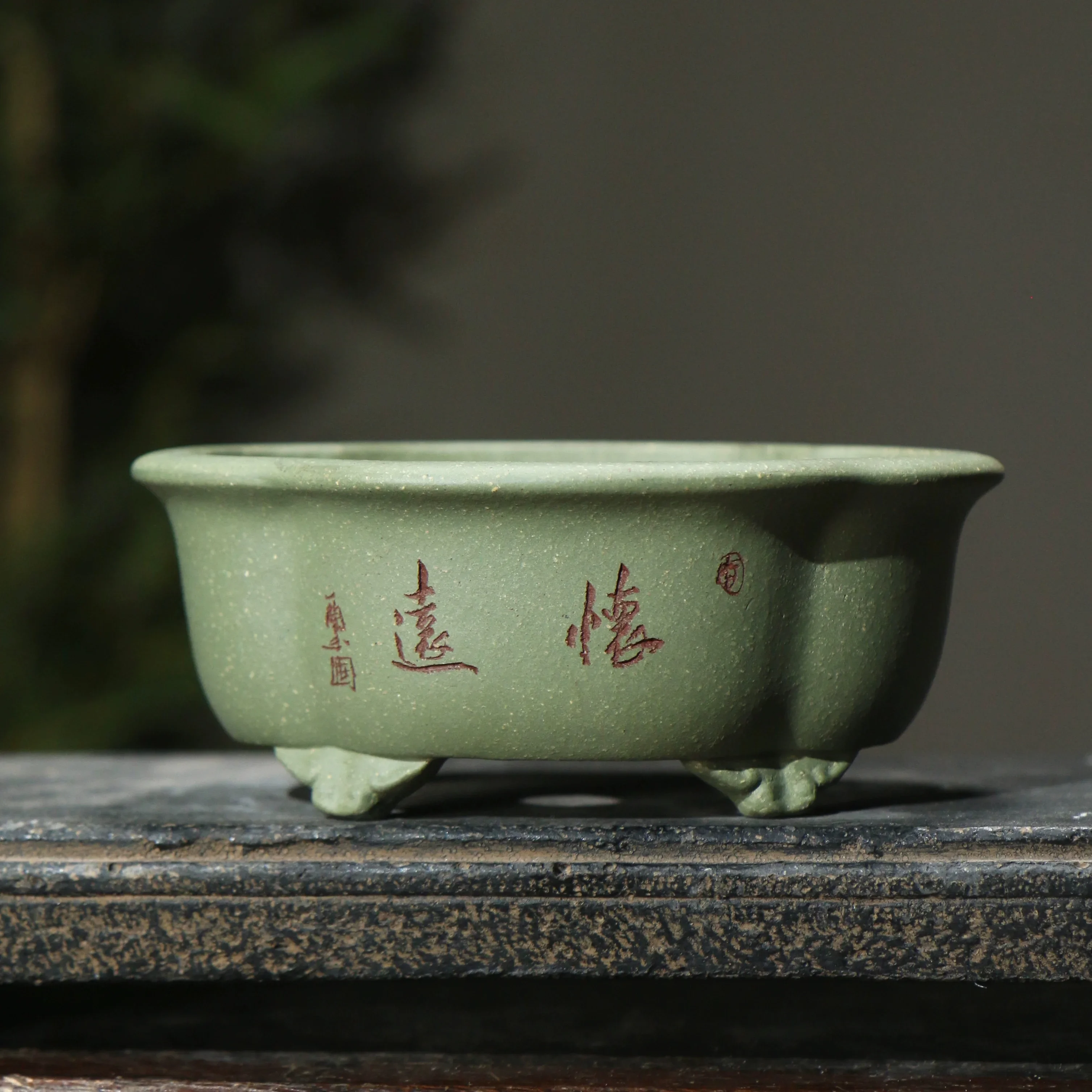 Green Sand Clay Handmade Carved Bonsai Pot,Pottery,Flower Shape Vase, Traditional Chinese Pattern,Garden Decoration