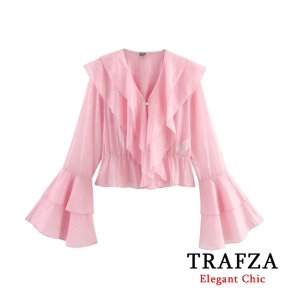 

TRAFZA Women Elegant Shirt Ruffle Edge Long Flared Sleeve Shirts 2025 Summer Fashion Holiday High Street Lady Translucent Shirt