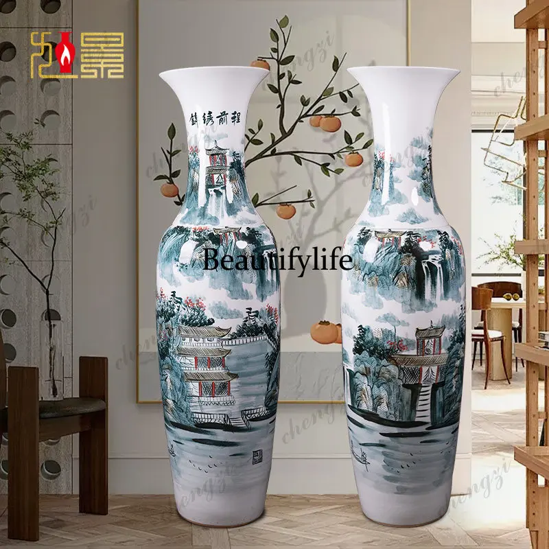 Hand-painted Jinde Town ceramic vase Chinese-style living room hotel opening housewarming gifts floor ornament