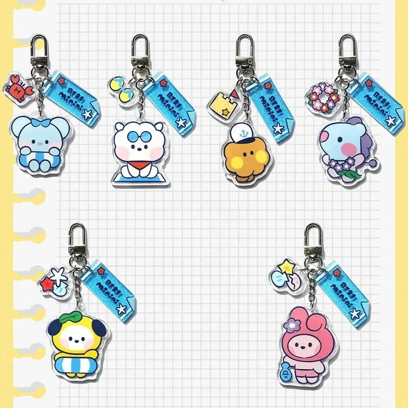 Kawaii BT21 جديد سلسلة مفاتيح مصنوعة من الأكريليك الصيف تحت عنوان أنيمي الكرتون لطيف سيارة كيرينغ ظهره قلادة الأصدقاء المشجعين الهدايا