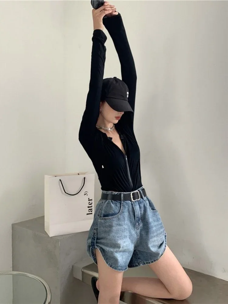 Pantaloncini da donna a gamba larga a trapezio in denim a vita alta con bottoni in difficoltà retrò allentati stile coreano per il tempo libero Hotsweet Summer High Street