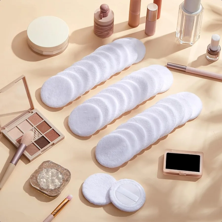 40 stuks katoenen poederdonsjes bulk wasbaar 2,36 inch ronde make-up afstoffen poederdons met lint voor gezicht lichaam cosmetisch wit