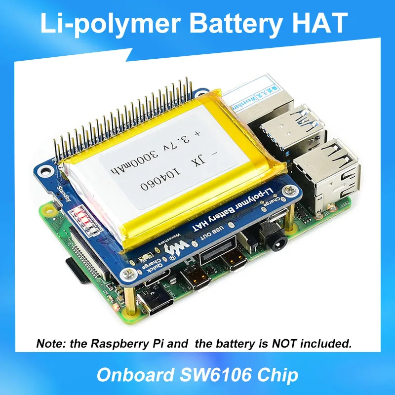 

Raspberry Pi 4 Li-polymer Battery HAT SW6106 Power Bank Solution with Protection Circuits (Not include Battery) for RPI 4/3B+