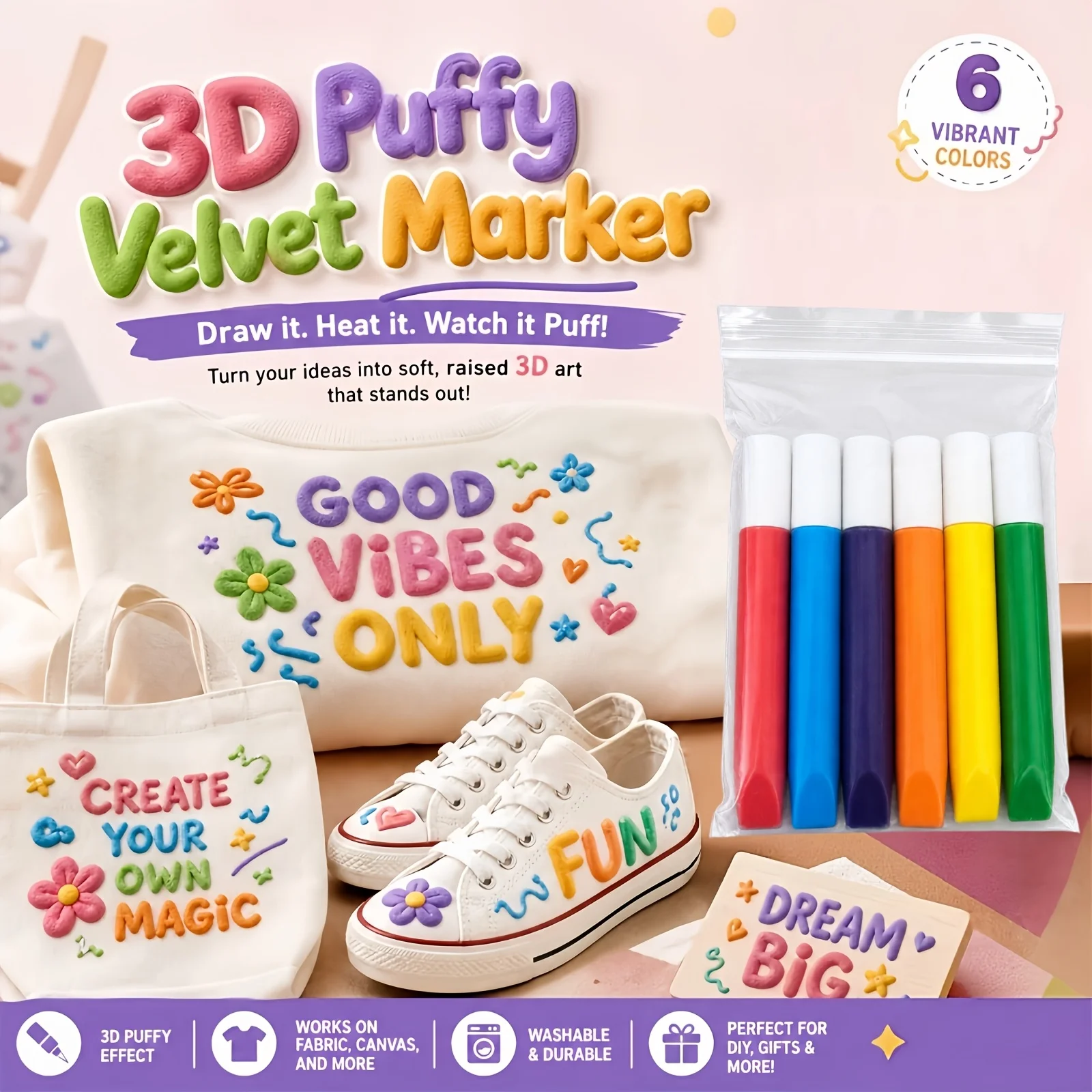 6pcs Popcorn Pens 3D Bubble Painting Markers, Modern Craft Art Supplies, Wedding Birthday Party Pen, for Handmade on Paper Glass