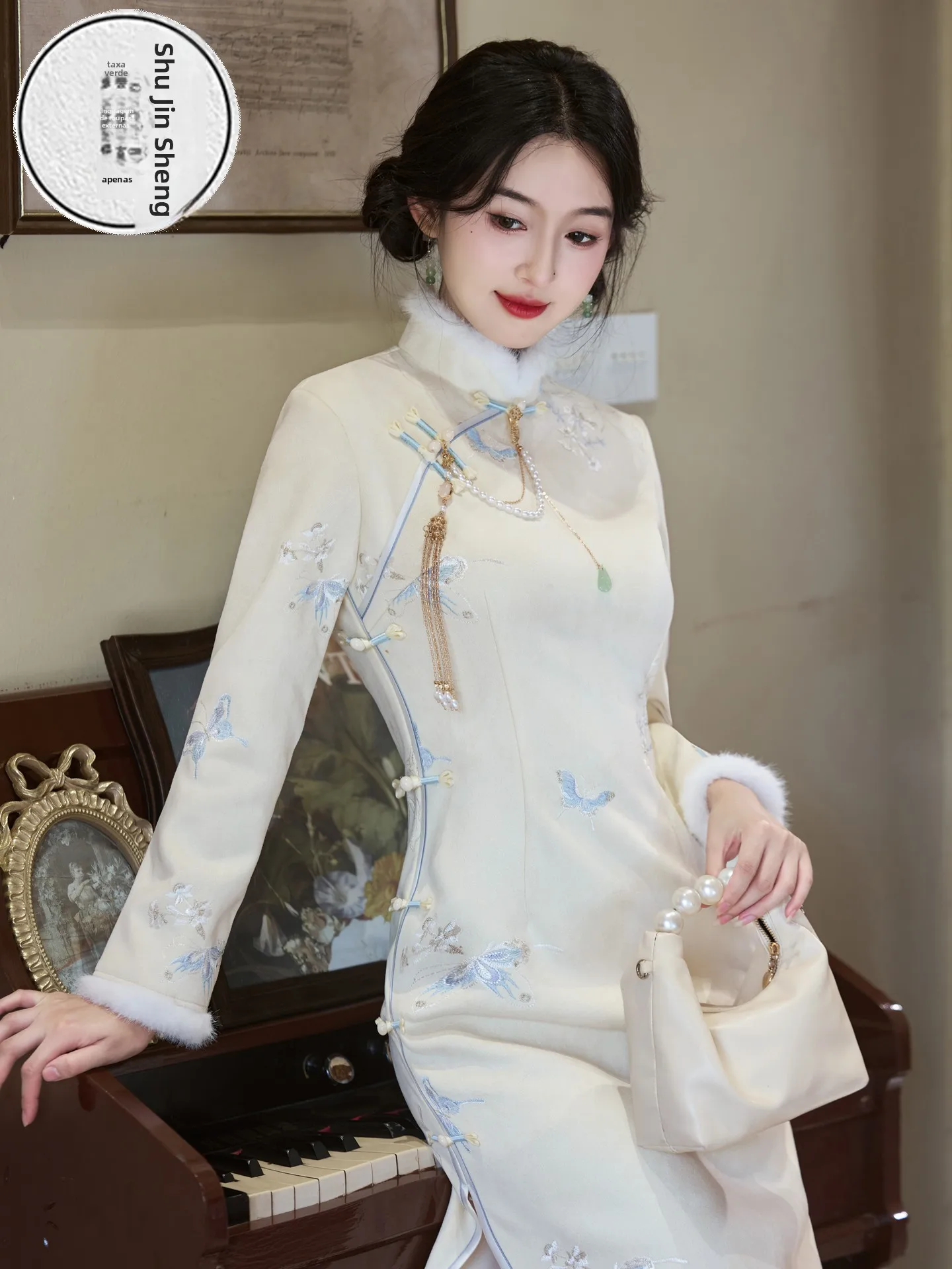 winter-thiened-long-sve-fce-lined-ele-high-end-daily-wear-dr-improved-midi-skirt-floral-print-warmth