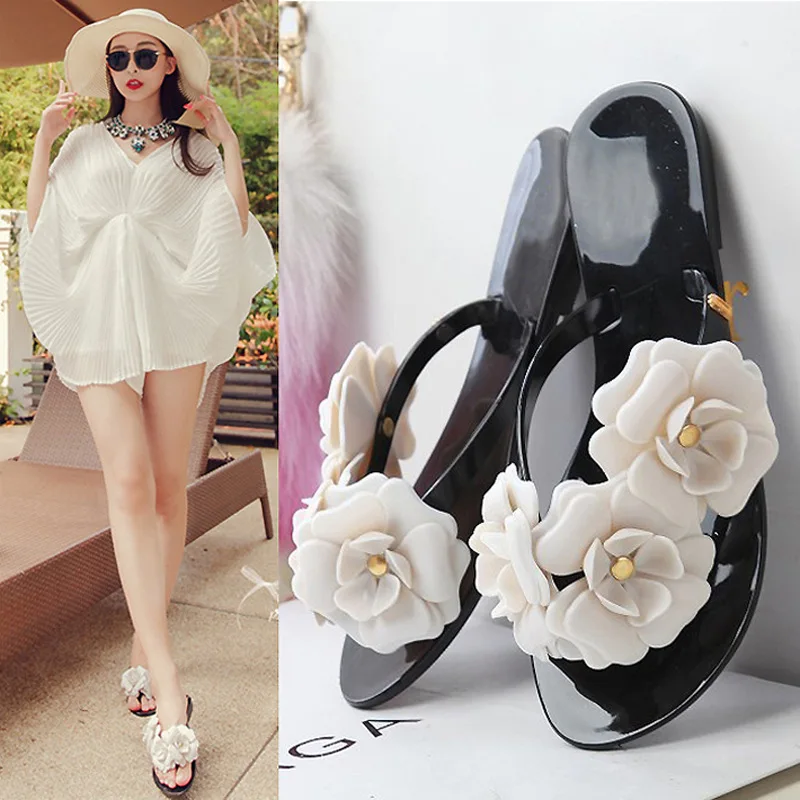 Women Slippers Summer New Fashion Camellia Flip Flops Jelly Comfortable and Cute Flower Beach Casual Non Slip Slippers for Women