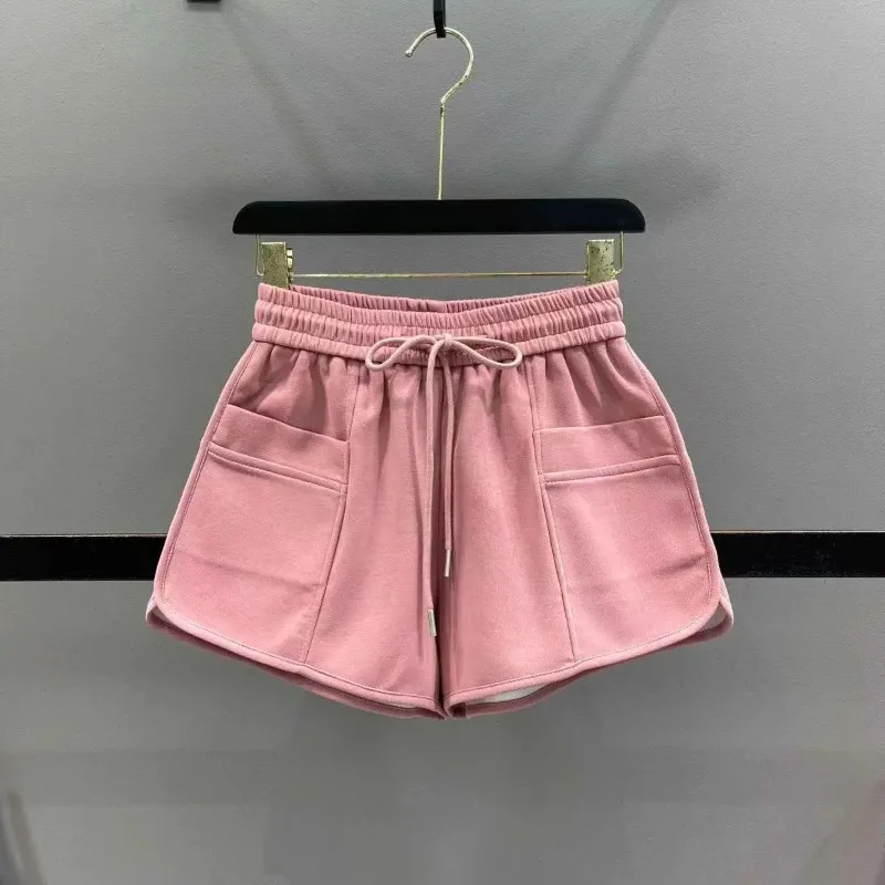 DAYIFUN-Women's Monochromatic Shorts with Pocket Design Running Sports High Waisted A-line Wide Leg Short Pants Summer New 2024