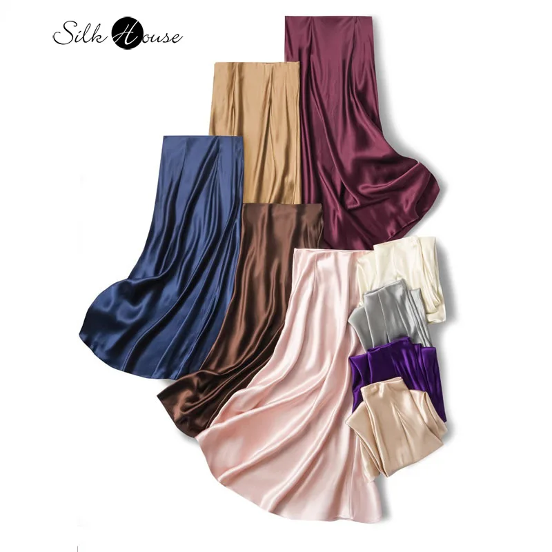 

2025 Women's Fashion Summer New Heavy Weight 100% Natural Mulberry Silk Satin Solid Color Slant Tailored Fishtail Skirt