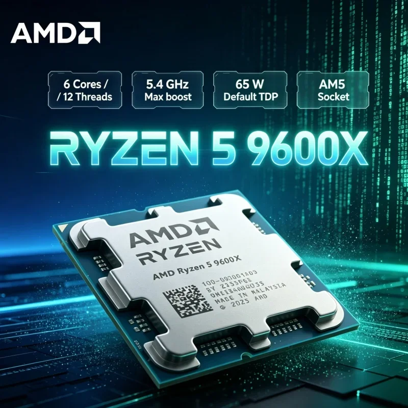 AMD Ryzen 5 9600X Processor for Video Editing Streaming Rendering 6 Cores 12 Threads 5.4GHz DDR5 AM5 CPU 65W