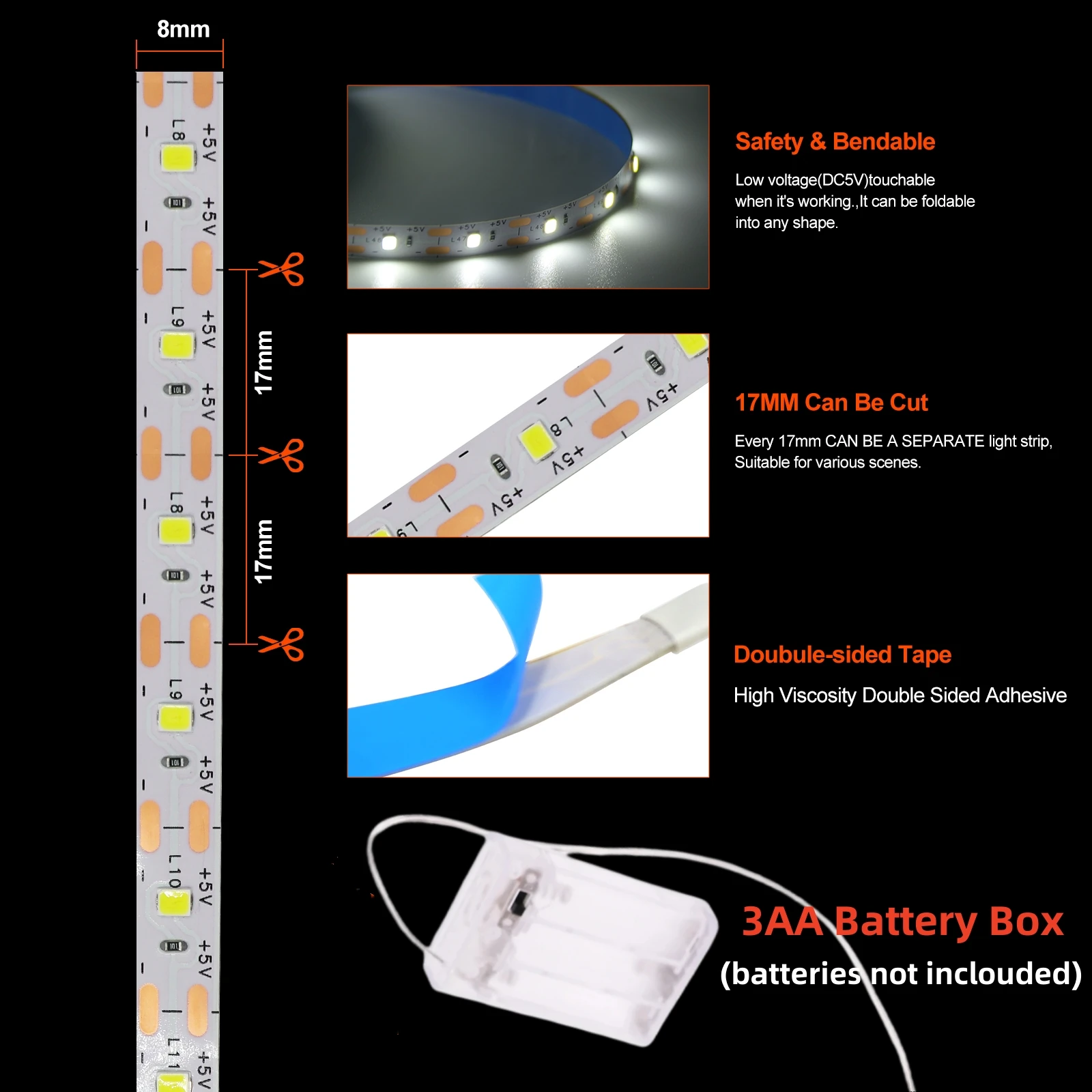 3AA Zasilanie bateryjne 5V Taśma LED RGB SMD 2835 60LEDs/m Elastyczna taśma świetlna Niebieski Biały Ciepły Biały Taśma LED Podświetlenie TV PC