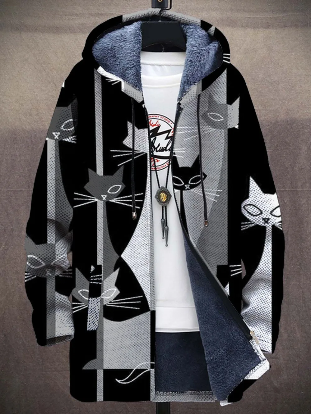 

Men Jacket Coats Kawaii Cute Cats Kitty Animal Printed Zipper Cardigans Cozy Art Graphics Plush Thick Winter Streetwear Clothing
