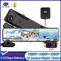 E-ACE Dash Cam 11.26 Inch 3 Camera Lens Car DVR Full HD 1080P Night Vision Video rearview mirror car camera