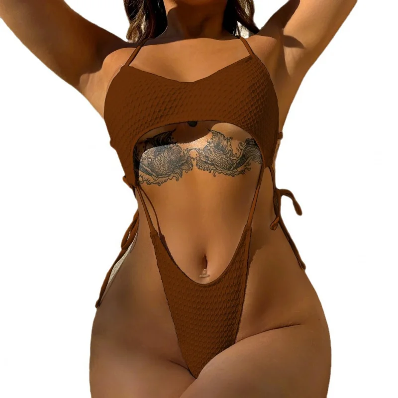 Chic Double New One-Piece Swimsuit Sexy Bikini Swimsuit Female Backless Swimsuit Solid Colorbikini6595