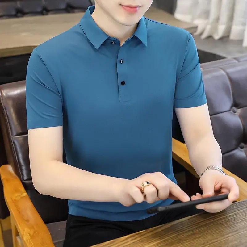 

Fashionable Summer 2023 Pure Color Ice Silk Short Sleeve Shirt Stand Collar Business Office Young Men's T-Shirt Casual S...