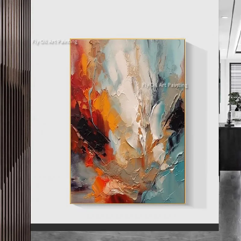 Red And Blue Abstract Thick Canvas Wall Art Hand Drawn Simple Artwork Pink White Oil Painting For Living Room Hall Decor