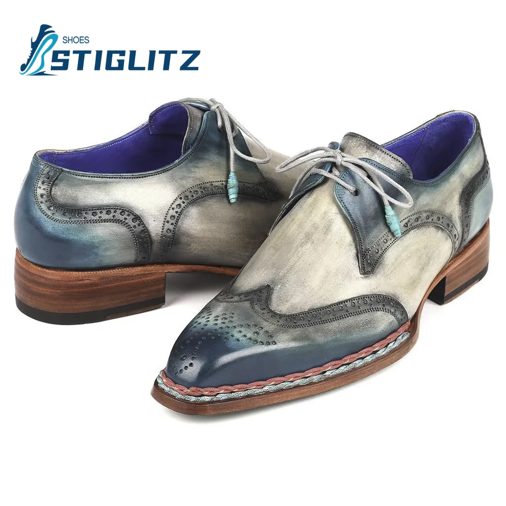 Welted Wingtip Derby Shoescolor Polished Shallow Lace-Up Oxford Shoes for Men Formal Genuine Leather Shoes High Quality Brogues