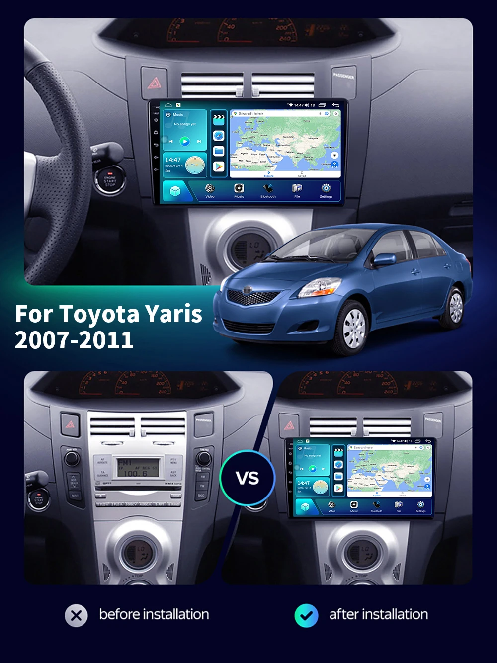 

Wireless Carplay For Toyota Yaris 2007 2008 2009 2010 2011 Android Auto QLED 9 Inch Car Radio Multimedia Player GPS Navigation