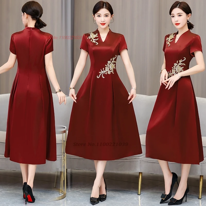 

2025 chinese vintage dress improved v-neck cheongsam national flower embroidery wedding dress oriental banquet evening dress