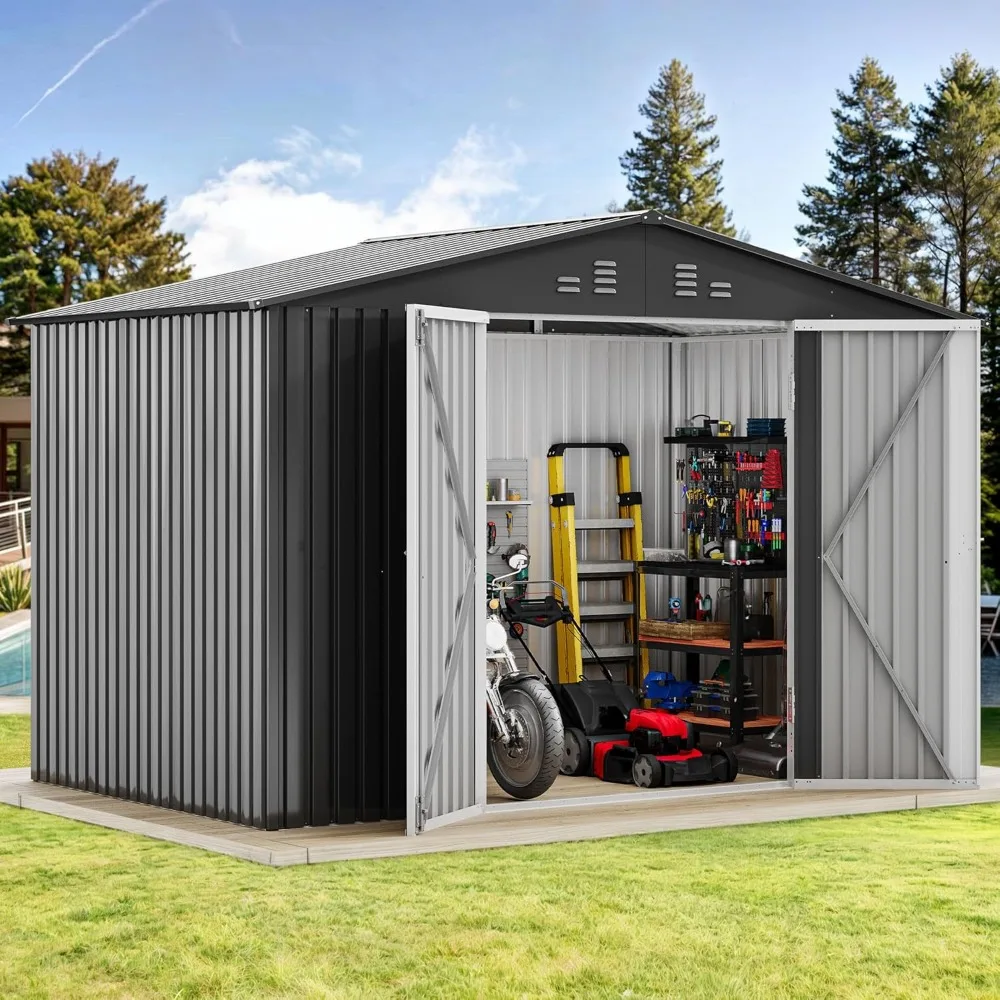 

Outdoor Metal Storage Shed, Sturdy Weatherproof Tool Locker with Secure Door and Ventilation for Equipment, Mowers