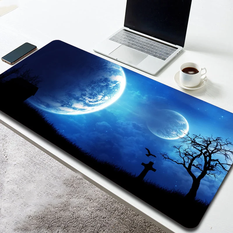 Mouse Pad ukuran besar seni fantasi bantalan Mouse tahan air dan antiselip karet alami biru sederhana alas meja kabinet Gamer