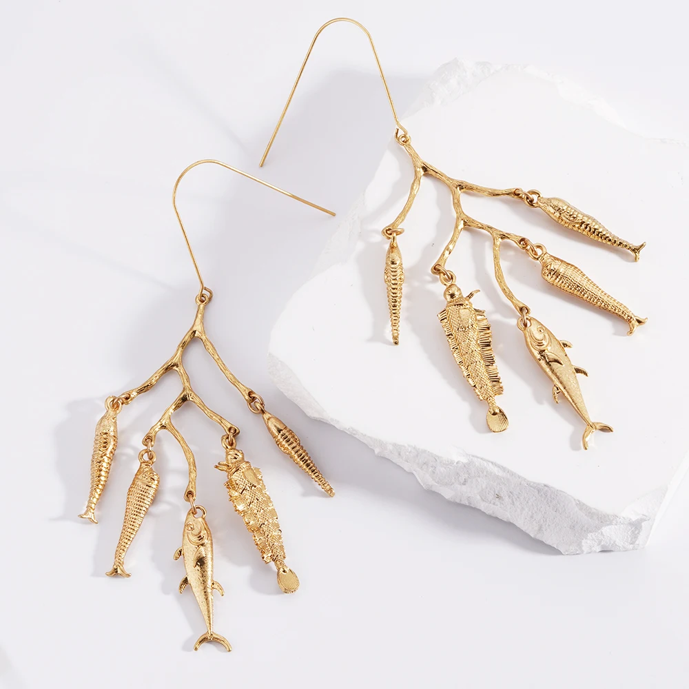 New In Vintage Earrings For Women Bohemia Gold Plated Earring Cute Metal Fishes Pendientes Multi Dangle  Jewelry 2024 Fashion