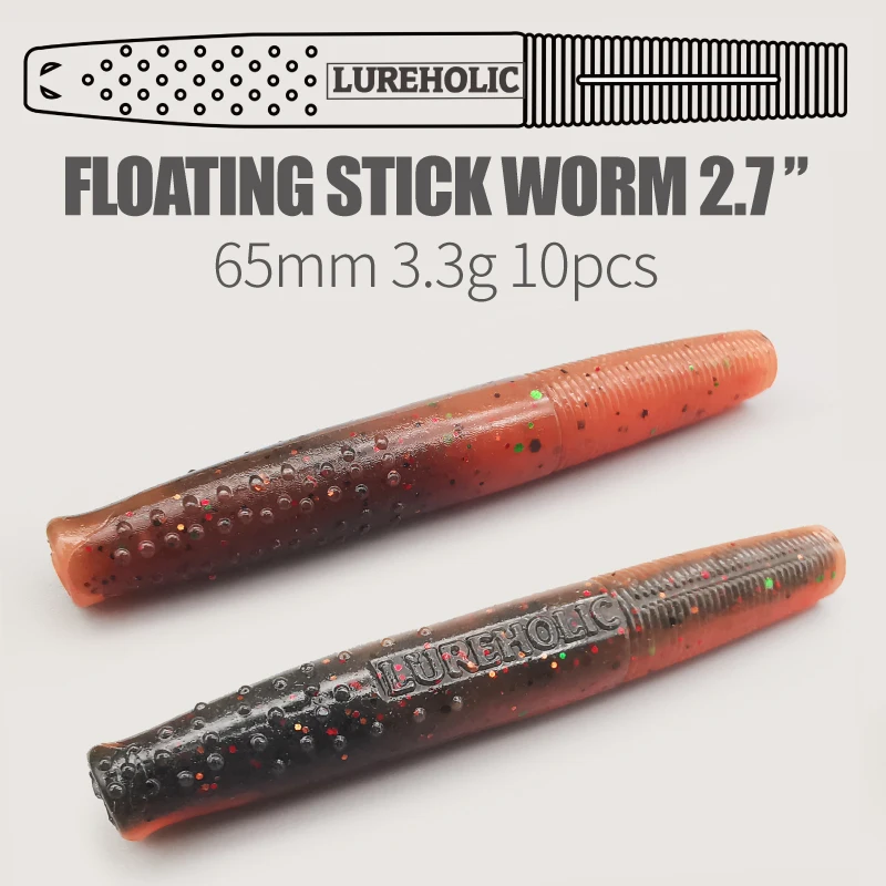 LUREHOLIC Floating Stick Worm 2.7“ 65mm 3.3g 10pcs  Soft Baits for Bass Fishing Lure Fishing