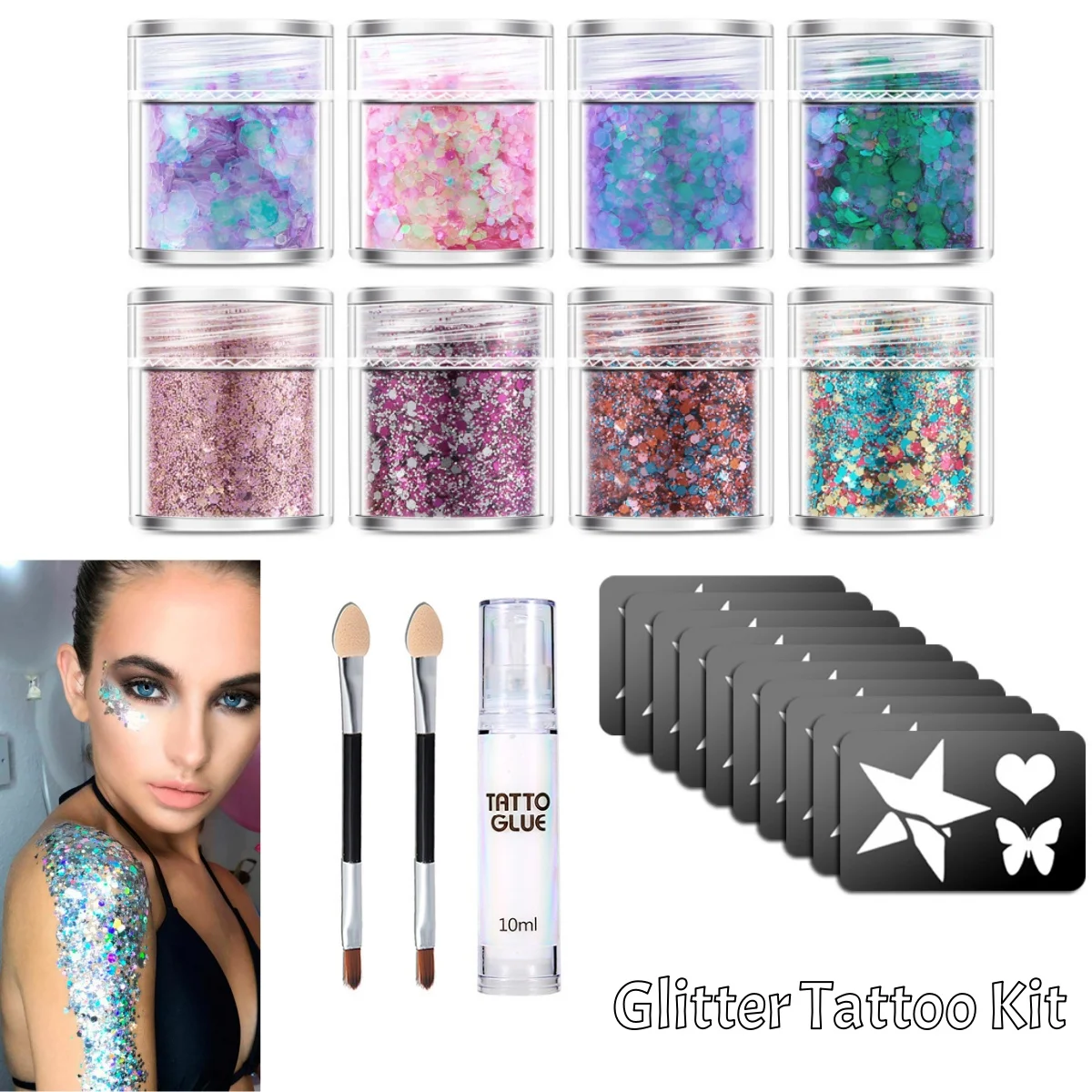 

8color Glitter Tattoo Gel Kit Multifunctional Sparkling Body Sequin with Stencils Glue Brush Temporary Body Art Makeup for Party