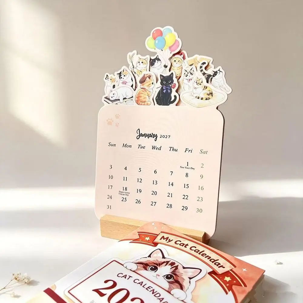 Paper 2027 Desk Calendar Floral Artwork Monthly Wooden Stand Calendar Wooden Base Home Office Calendar Home Office Decorative