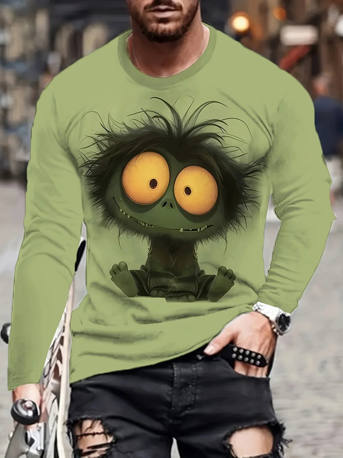 

​​2025 Men's 3D Monster Print Long Sleeve Tee Polyester Knit Crew Neck Spring Fall Streetwear Comfort​