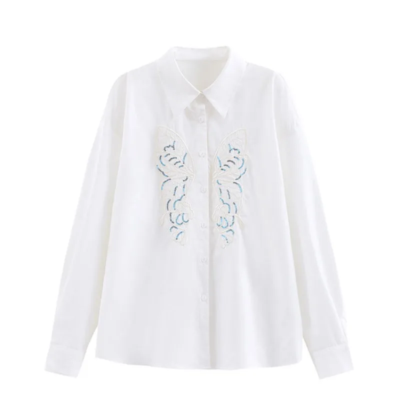 Spring Autumn Women\'s Turn-down Collar Solid Butterfly Sequined Embroidered Button Cardigan Long Sleeve Chiffon Shirt Coats Tops