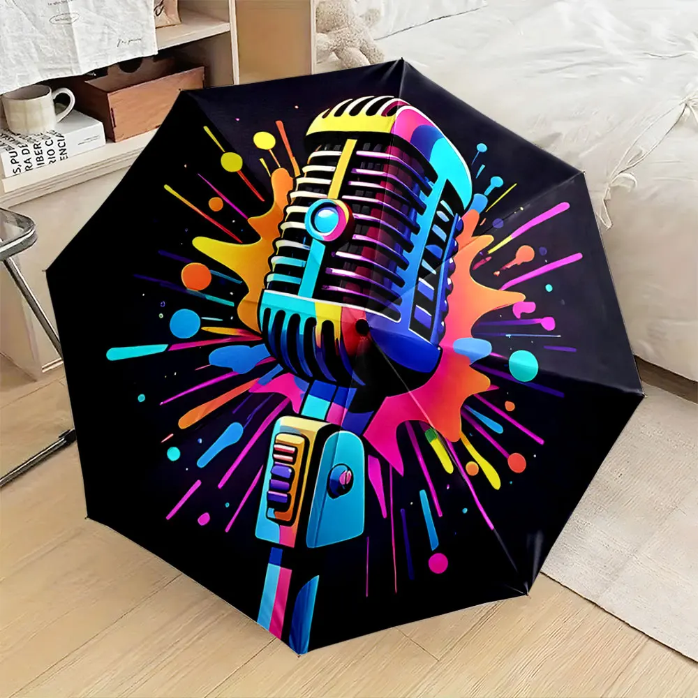 Colorful Retro Microphone Design Umbrella Compact Fashion Folding Umbrella for Daily Use, Christmas Gift