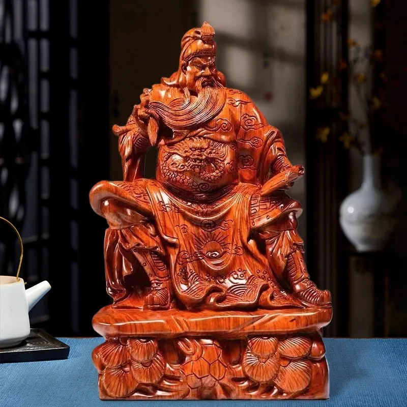 Rosewood Scholar Guan Yu Statue - Chinese Wealth God Sculpture for Home & Office, Reading Pose Feng Shui Decor