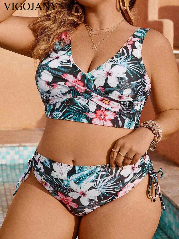 VigoJany 2025 Sexy Print 2-częściowy zestaw bikini Plus Size dla kobiet z paskiem i wysokim stanem Duży duży kostium kąpielowy Push Up Chubby