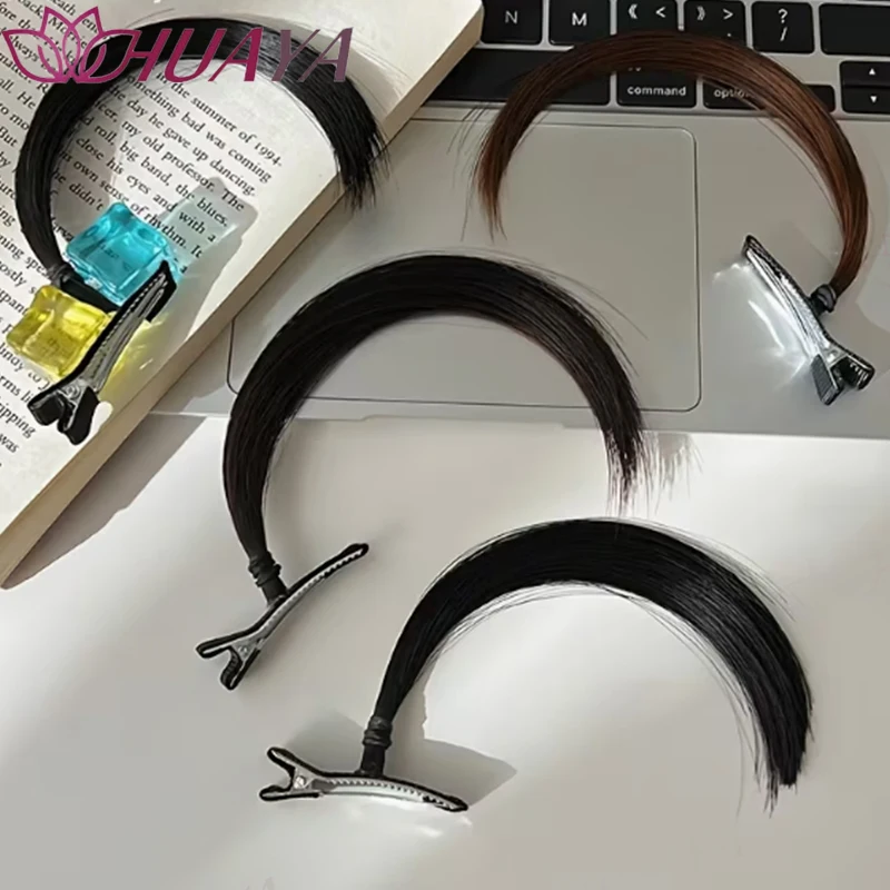 Women Synthetic Mini Wispy Baby Bang Clips with Ice Cube Decor, High Temp Fiber Fake Baby Hair Sideburn Hair Accessories