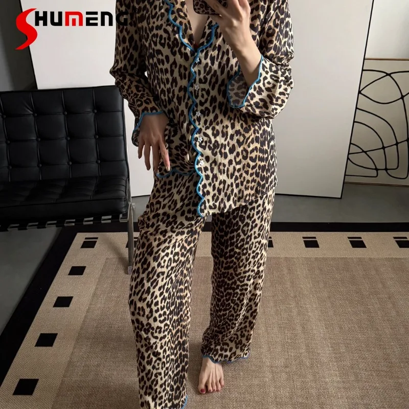 

Casual Luxury High End Silk Pajama Set for Women Leopard Print Autumn Winter Homewear Female Japanese Style Sleep Suits