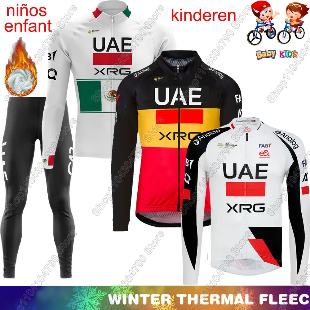 

kids UAE Team 2026 Winter Cycling Jersey Set Boys Girls Mexico Belgium Long Sleeve Cycling Clothing Suit MTB Bike Pants