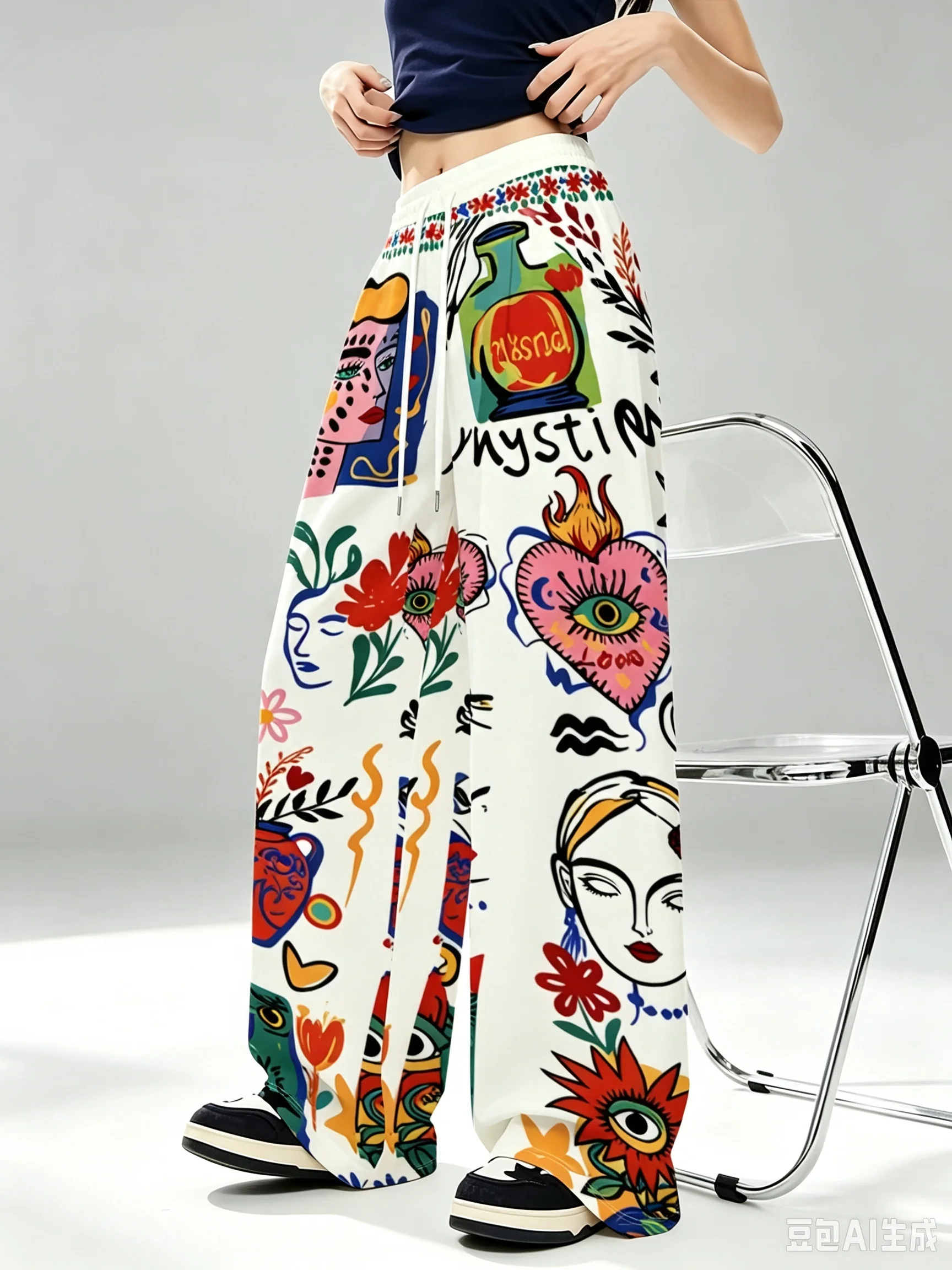Women's Wide-Leg Trousers with Abstract Face & Floral Print - Soft Drawstring Waist Loose Straight-Leg Pants, Full-Length Length