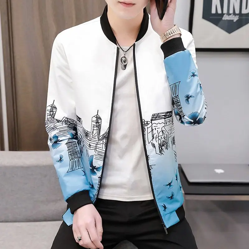 Fashion Stand Collar Zipper Casual Printed Gradient Coats Men's Clothing 2024 Spring New Loose All-match Tops Korean Jackets