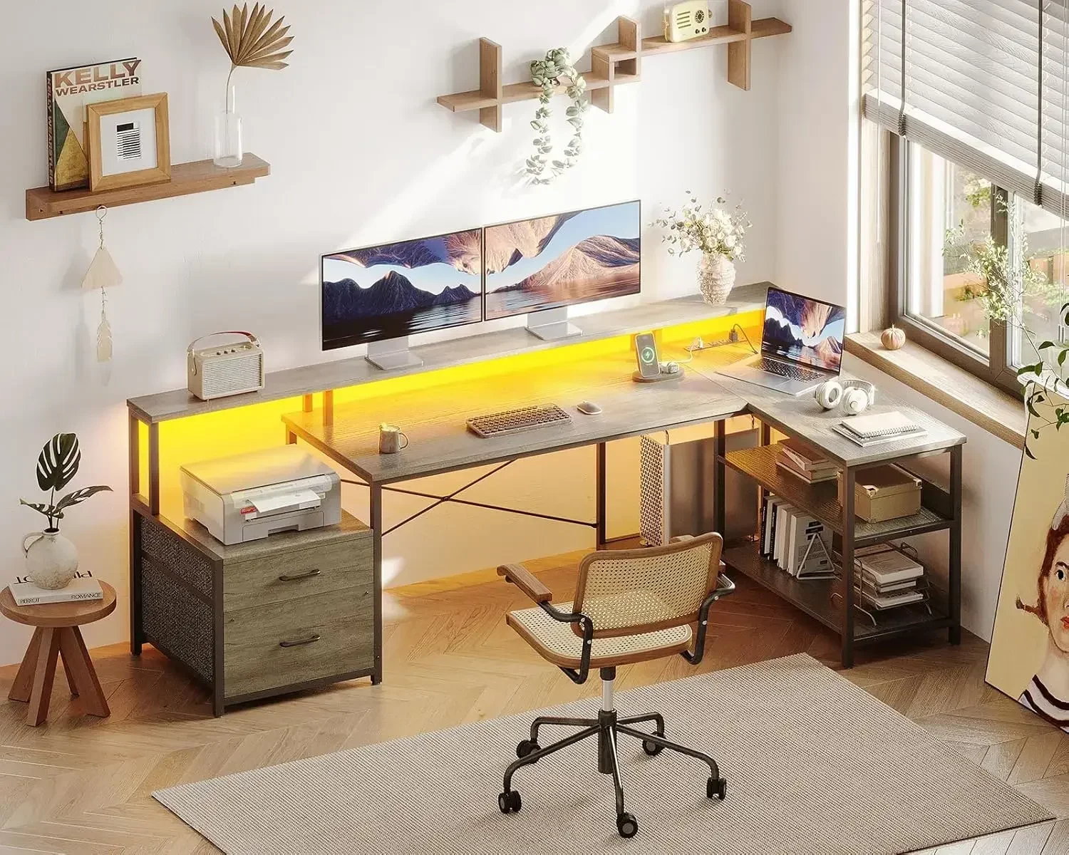 Shaped Desk with File Drawer, 75" Reversible L Shaped Computer Desk with Power Outlet & LED Strip