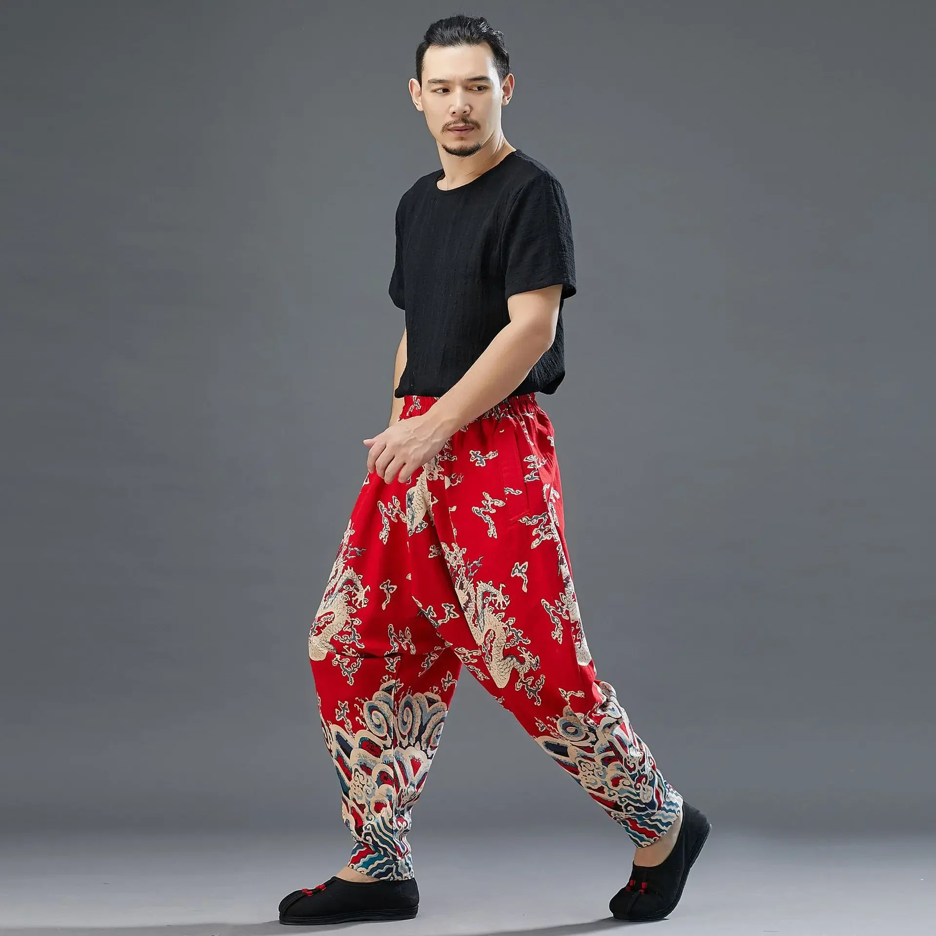 Spring Summer Men Sweatpants Linen Nepal Quickly Dry Loose Wide Leg Bloomers Baggy Running Jogger Casual Fitness Yoga Gym Pant