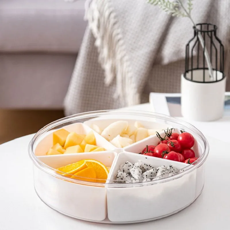 Round Divided Serving Tray with Lid Snack Fruit Divided Plate Box Appetizer Candy Platter Removable Compartment Storage