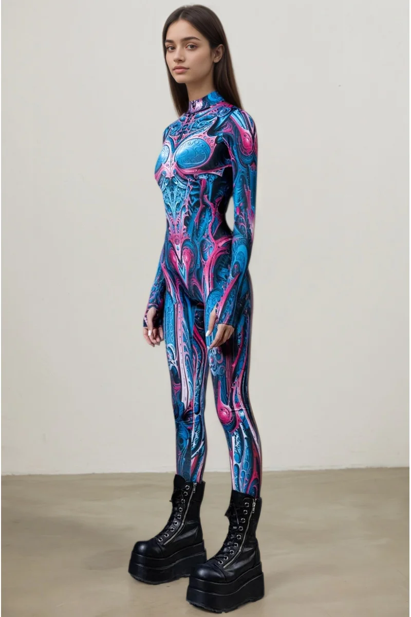 Damen Fleischfarbener Tribal-Bodysuit Geometrischer Festival-Rave-Bühnenshow-Aerial-Yoga-Anzug Hochhals Vollständiger Halloween-Cosplay-Catsuit – Detail 15