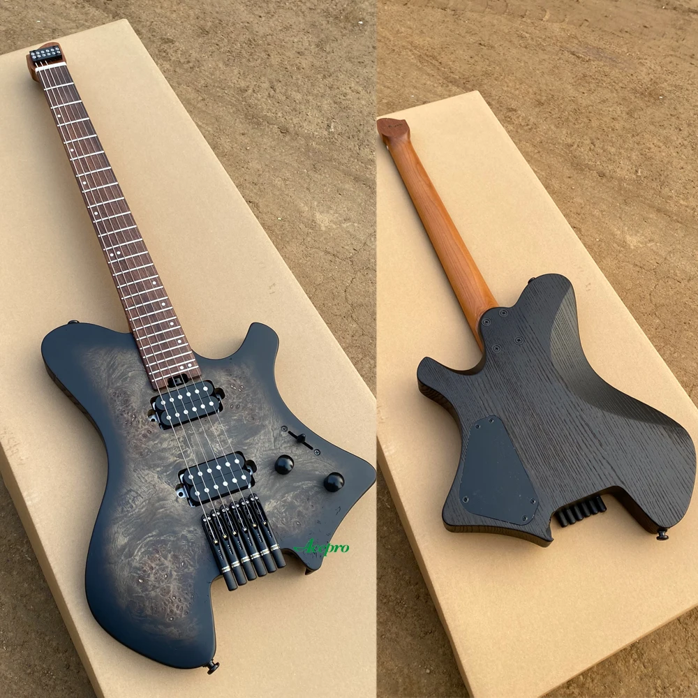 

In Stock Acepro Black Headless Electric Guitar Burl Maple Top Roasted Ash Body, Jumbo Stainless Steel Frets, Roasted Maple Neck
